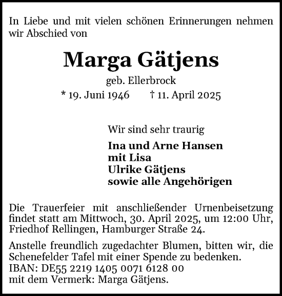 Traueranzeige von Marga Gätjens von Region Pinneberg und tip Pinneberg