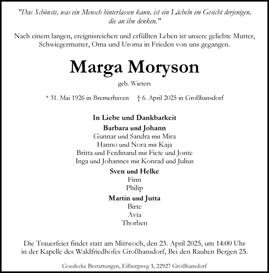 Traueranzeige von Marga Moryson von MARKT Ahrensburg/Bargteheide/Trittau und Stormarner Tageblatt