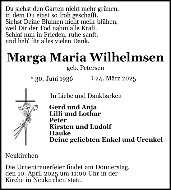 Traueranzeige von Marga Maria Wilhelmsen von Husumer Nachrichten, Nordfriesland Tageblatt