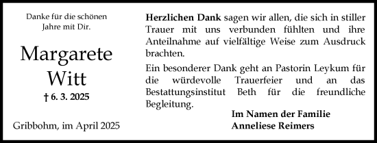 Traueranzeige von Margarete Witt von Norddeutsche Rundschau, Wilstersche Zeitung, Glückstädter Fortuna
