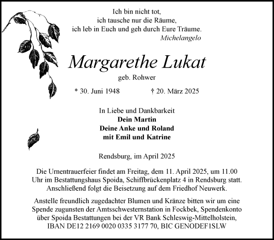 Traueranzeige von Margarethe Lukat von Schleswig-Holsteinische Landeszeitung