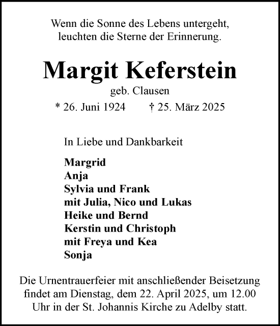Traueranzeige von Margit Keferstein von Flensburger Tageblatt