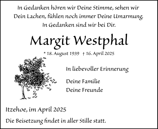 Traueranzeige von Margit Westphal von Norddeutsche Rundschau, Wilstersche Zeitung, Glückstädter Fortuna