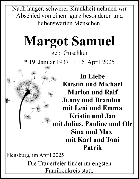 Traueranzeige von Margot Samuel von Flensburger Tageblatt