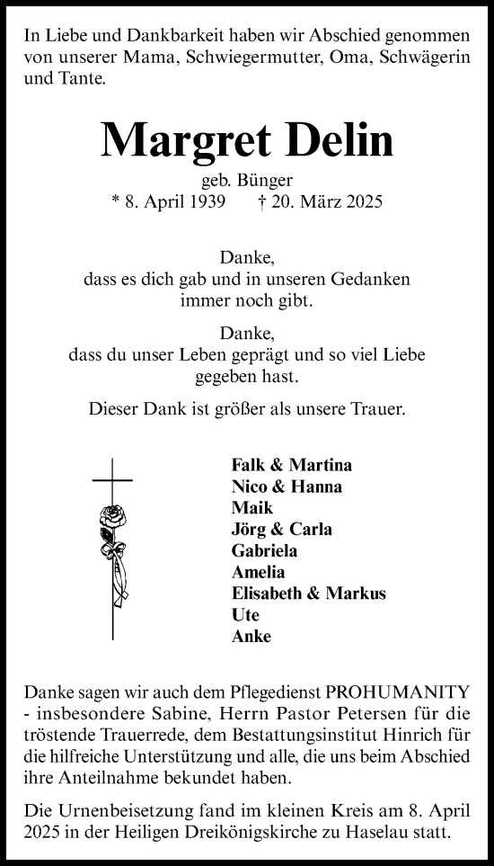 Traueranzeige von Margret Delin von Uetersener Nachrichten