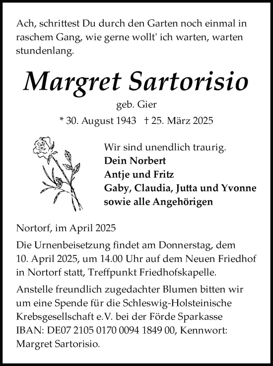 Traueranzeige von Margret Sartorisio von Schleswig-Holsteinische Landeszeitung