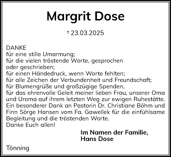 Traueranzeige von Margrit Dose von Husumer Nachrichten, Nordfriesland Tageblatt