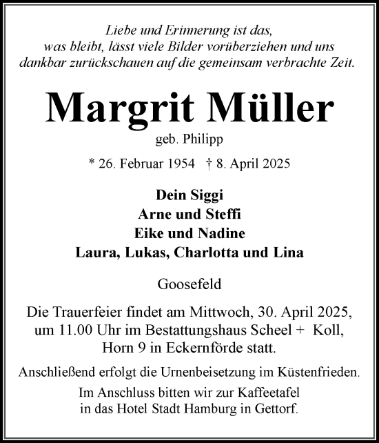Traueranzeige von Margrit Müller von Eckernförder Zeitung, Hallo Eckernförde