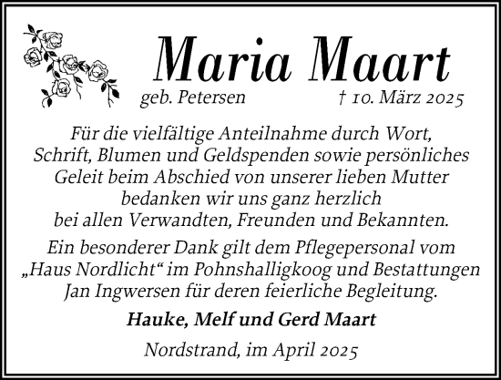 Traueranzeige von Maria Maart von Husumer Nachrichten, Nordfriesland Tageblatt