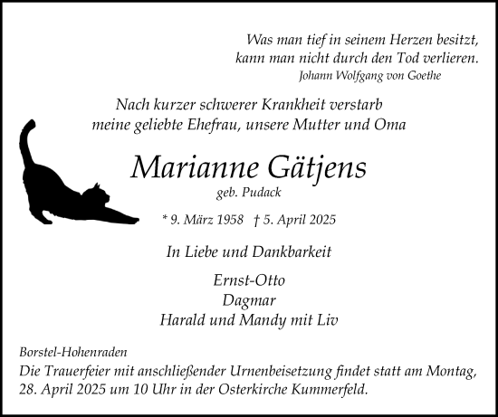 Traueranzeige von Marianne Gätjens von Region Pinneberg und tip Pinneberg