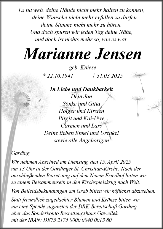 Traueranzeige von Marianne Jensen von Husumer Nachrichten, Nordfriesland Tageblatt