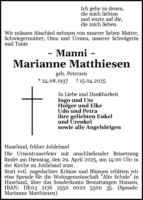 Traueranzeige von Marianne Matthiesen von Husumer Nachrichten, Nordfriesland Tageblatt