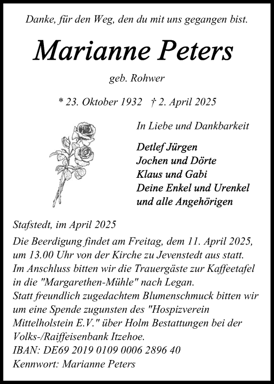 Traueranzeige von Marianne Peters von Schleswig-Holsteinische Landeszeitung