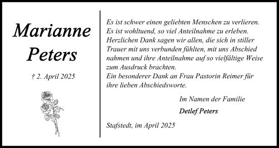 Traueranzeige von Marianne Peters von Schleswig-Holsteinische Landeszeitung