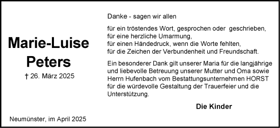 Traueranzeige von Marie-Luise Peters von Holsteinischer Courier