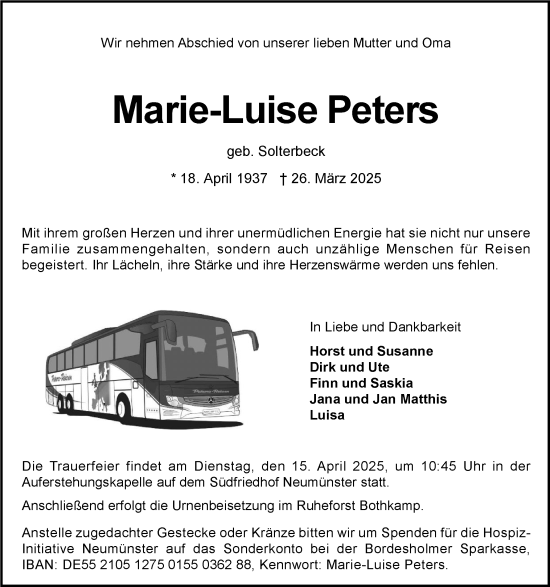 Traueranzeige von Marie-Luise Peters von Holsteinischer Courier