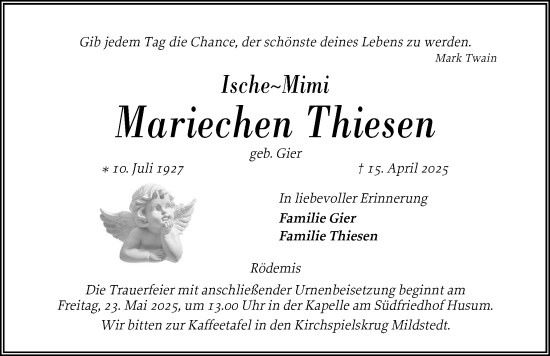 Traueranzeige von Mariechen Thiesen von Husumer Nachrichten, Nordfriesland Tageblatt