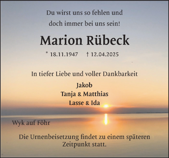 Traueranzeige von Marion Rübeck von Der Insel-Bote