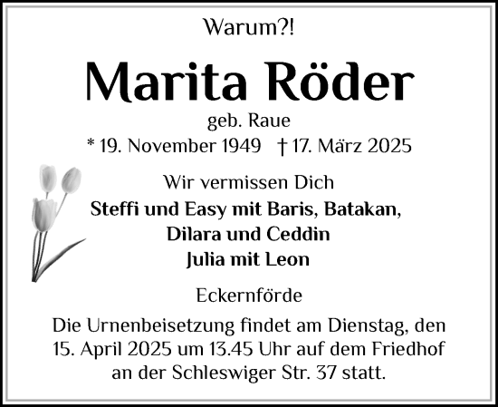Traueranzeige von Marita Röder von Eckernförder Zeitung, Hallo Eckernförde