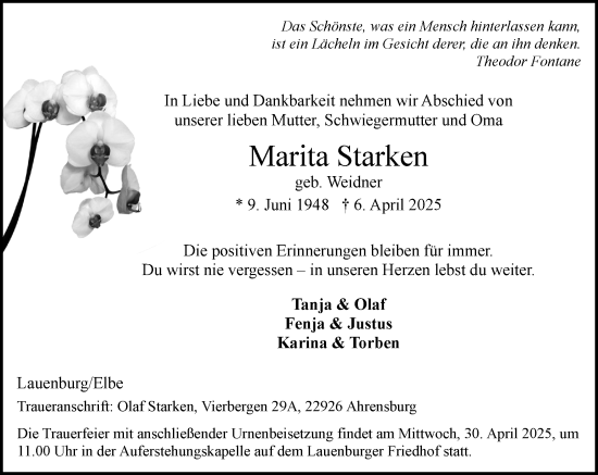 Traueranzeige von Marita Starken von Wochenend Anzeiger