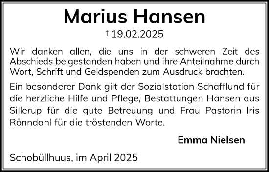 Traueranzeige von Marius Hansen von Flensburger Tageblatt