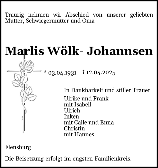 Traueranzeige von Marlis Wölk-Johannsen von Region Flensburg