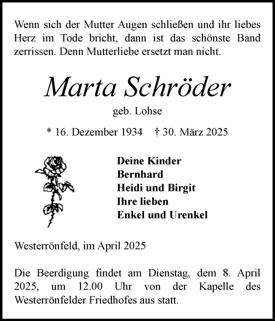 Traueranzeige von Marta Schröder von Schleswig-Holsteinische Landeszeitung