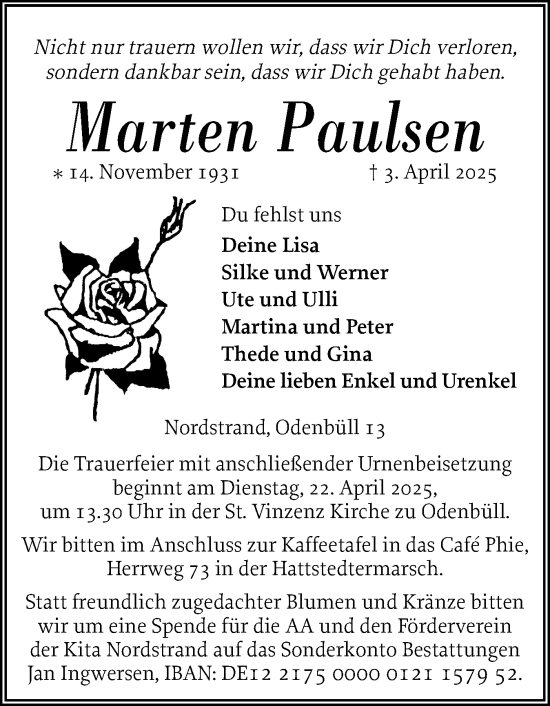 Traueranzeige von Marten Paulsen von Husumer Nachrichten, Nordfriesland Tageblatt