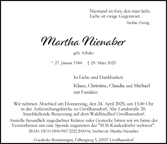 Traueranzeige von Martha Nienaber von MARKT Ahrensburg/Bargteheide/Trittau und Stormarner Tageblatt