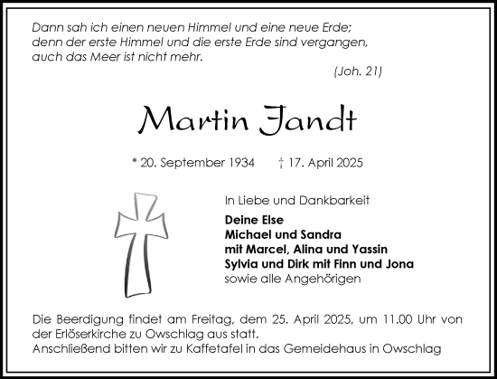 Traueranzeige von Martin Jandt von Schleswig-Holsteinische Landeszeitung