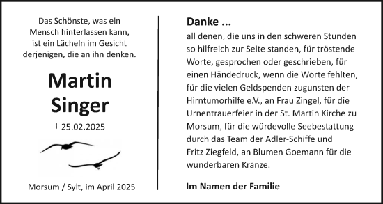Traueranzeige von Martin Singer von Sylter Rundschau