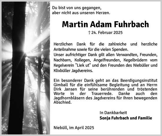 Traueranzeige von Martin Adam Fuhrbach von Husumer Nachrichten, Nordfriesland Tageblatt