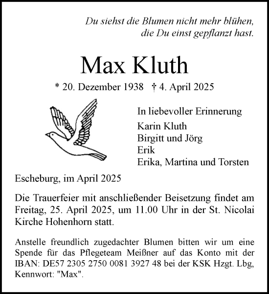 Traueranzeige von Max Kluth von Wochenend Anzeiger