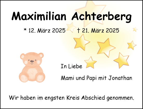 Traueranzeige von Maximilian Achterberg von MARKT Bad Oldesloe/Reinfeld und Stormarner Tageblatt