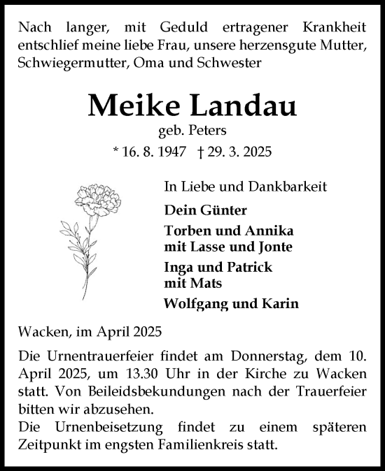 Traueranzeige von Meike Landau von Norddeutsche Rundschau, Wilstersche Zeitung, Glückstädter Fortuna