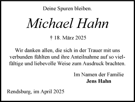 Traueranzeige von Michael Hahn von Schleswig-Holsteinische Landeszeitung