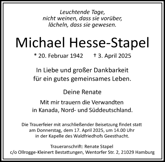 Traueranzeige von Michael Hesse-Stapel von Wochenend Anzeiger