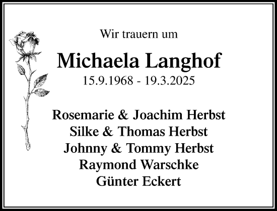 Traueranzeige von Michaela Langhof von MARKT Ratzeburg/Mölln