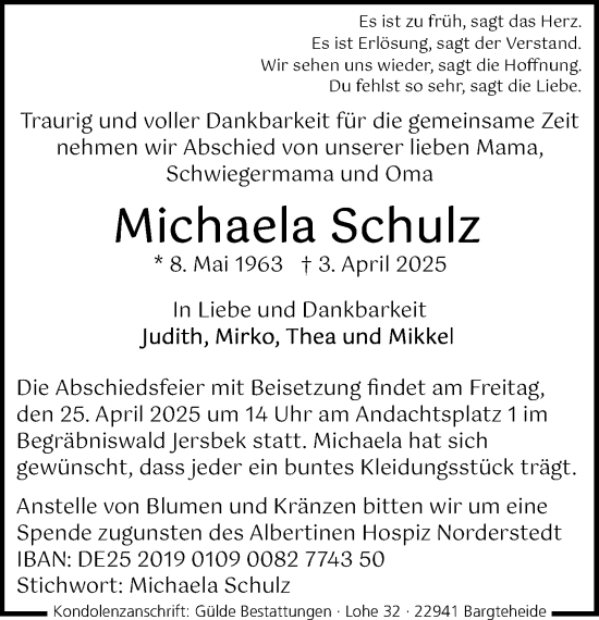 Traueranzeige von Michaela Schulz von MARKT Ahrensburg/Bargteheide/Trittau und Stormarner Tageblatt