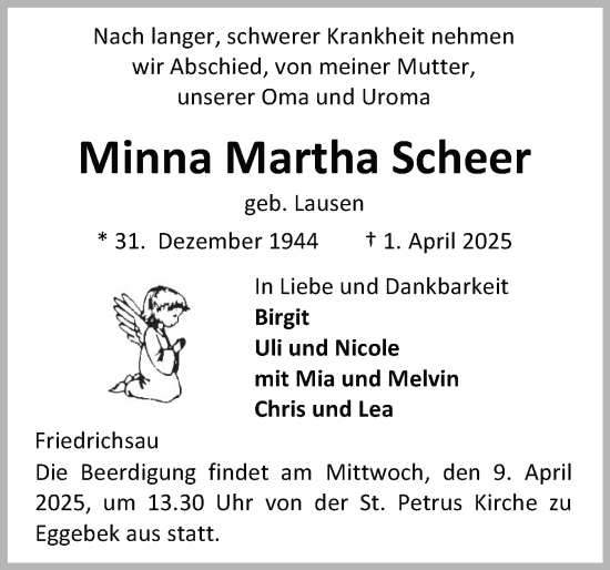 Traueranzeige von Minna Martha Scheer von Schleswiger Nachrichten, Schlei-Bote