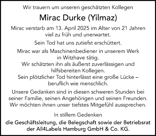 Traueranzeige von Mirac Durke von MARKT Ratzeburg/Mölln