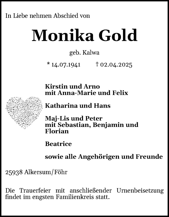 Traueranzeige von Monika Gold von Der Insel-Bote