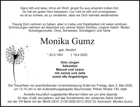 Traueranzeige von Monika Gumz von Holsteinischer Courier