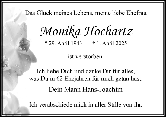 Traueranzeige von Monika Hochartz von MARKT Bad Oldesloe/Reinfeld und Stormarner Tageblatt