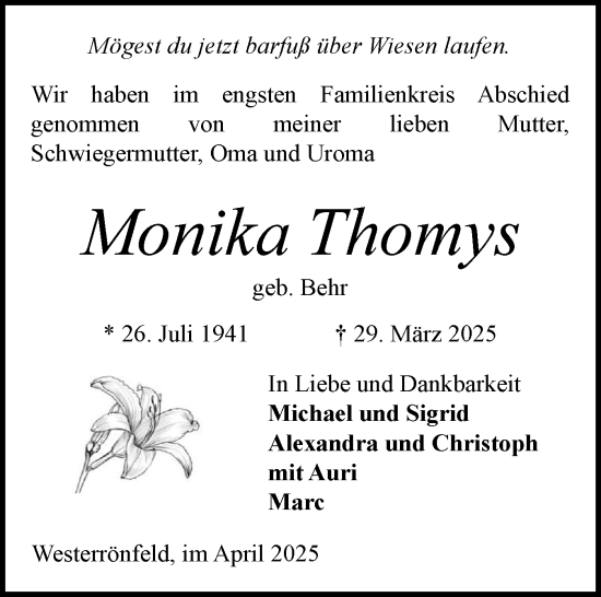 Traueranzeige von Monika Thomys von Schleswig-Holsteinische Landeszeitung