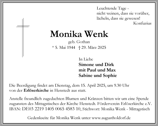 Traueranzeige von Monika Wenk von Umschau