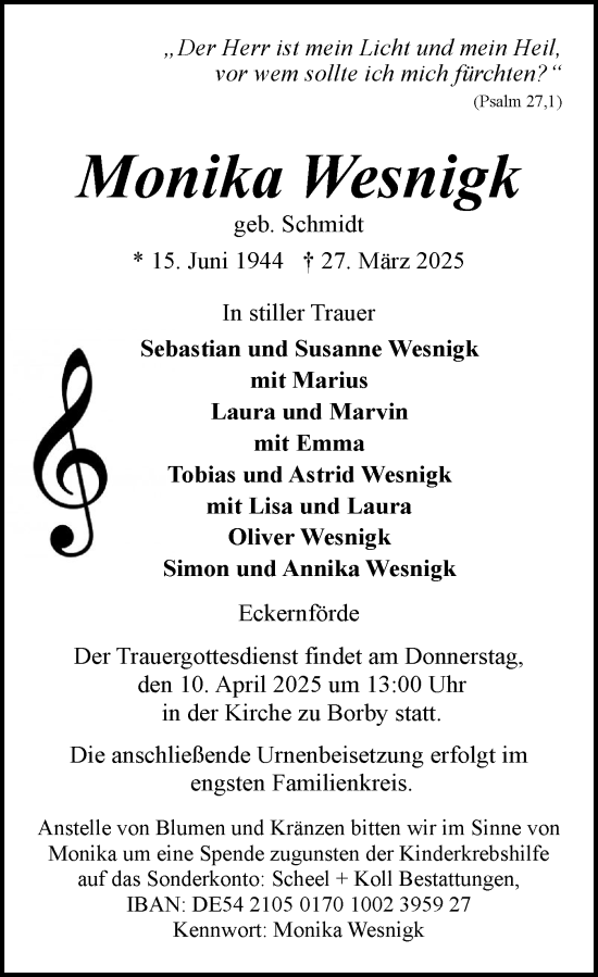 Traueranzeige von Monika Wesnigk von Eckernförder Zeitung, Hallo Eckernförde