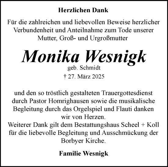 Traueranzeige von Monika Wesnigk von Eckernförder Zeitung, Hallo Eckernförde