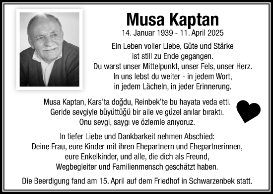 Traueranzeige von Musa Kaptan von Wochenend Anzeiger