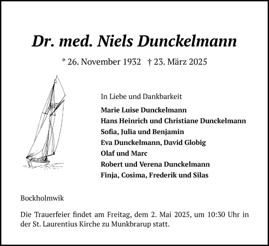Traueranzeige von Niels Dunckelmann von Flensburger Tageblatt